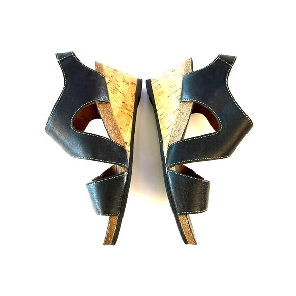 Taos Black Leather Carousel Wedge Sandals W/Cork Heel Size 38 US 8 - Picture 2 of 9